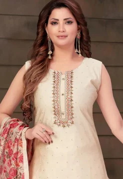 Embroidered Chanderi Silk Pakistani Suit in Cream