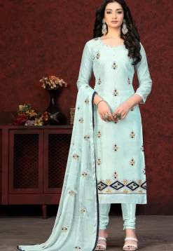 Embroidered Chanderi Silk Straight Suit in Light Blue