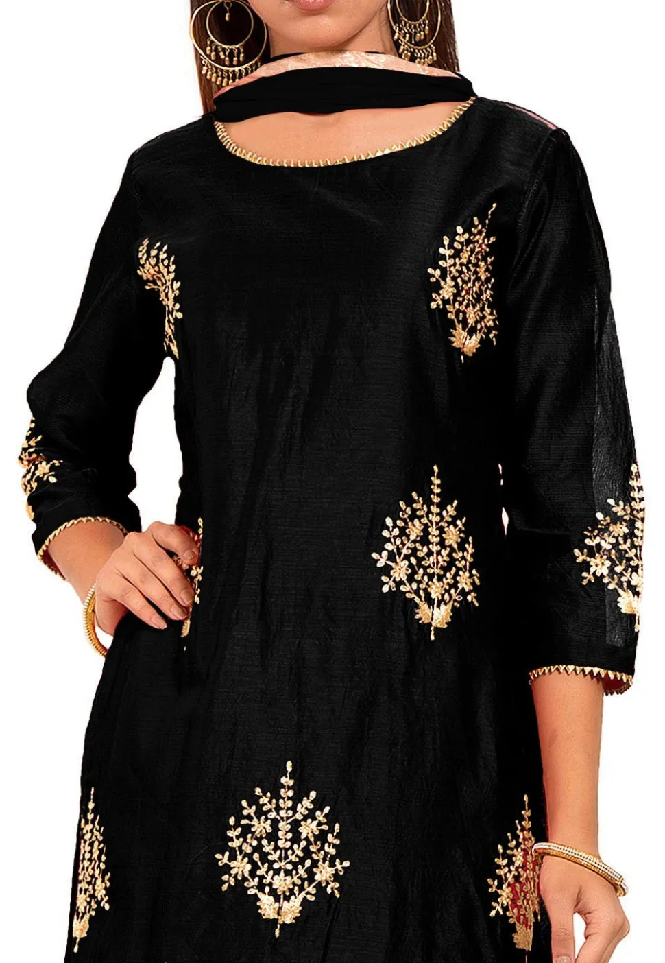 Embroidered Chanderi Silk Straight Suit in Black