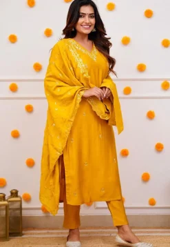 Embroidered Chanderi Silk Pakistani Suit in Mustard