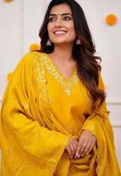 Embroidered Chanderi Silk Pakistani Suit in Mustard