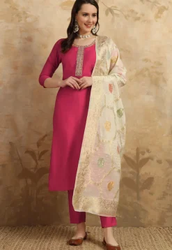 Embroidered Chanderi Silk Pakistani Suit in Pink