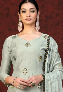 Embroidered Chanderi Silk Pakistani Suit in Sea Green