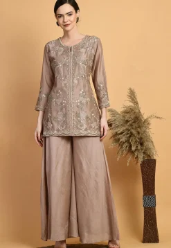 Embroidered Chanderi Silk Kurti Set in Brown