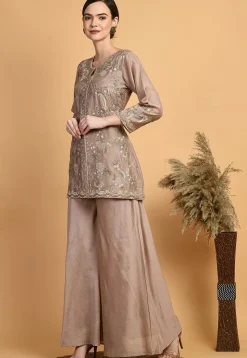 Embroidered Chanderi Silk Kurti Set in Brown