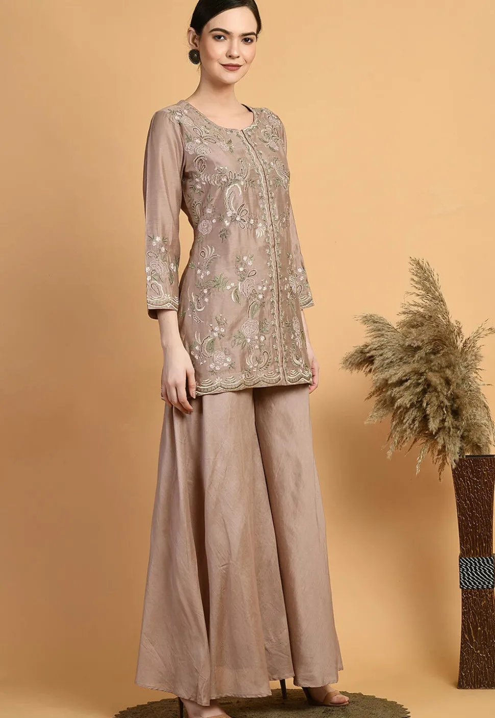 Embroidered Chanderi Silk Kurti Set in Brown