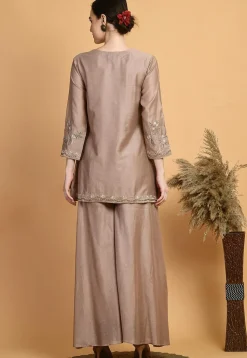 Embroidered Chanderi Silk Kurti Set in Brown