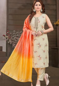 Embroidered Chanderi Silk Pakistani Suit in Beige