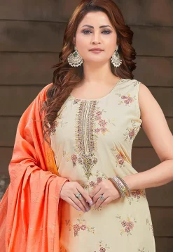 Embroidered Chanderi Silk Pakistani Suit in Beige