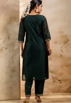 Embroidered Chanderi Silk Pakistani Suit in Dark Green