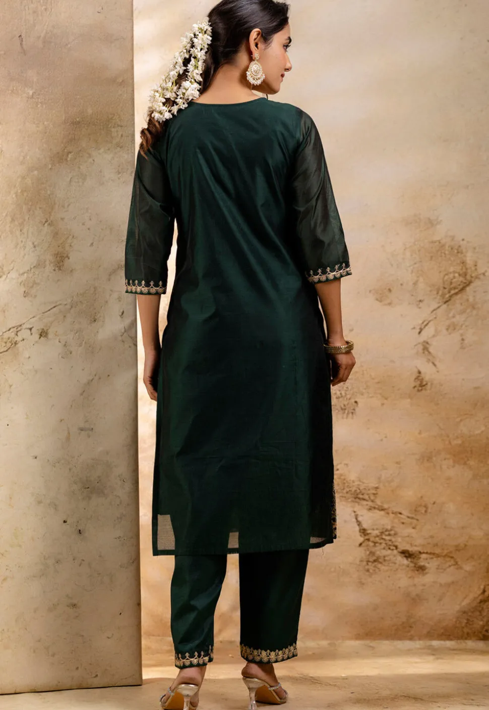 Embroidered Chanderi Silk Pakistani Suit in Dark Green