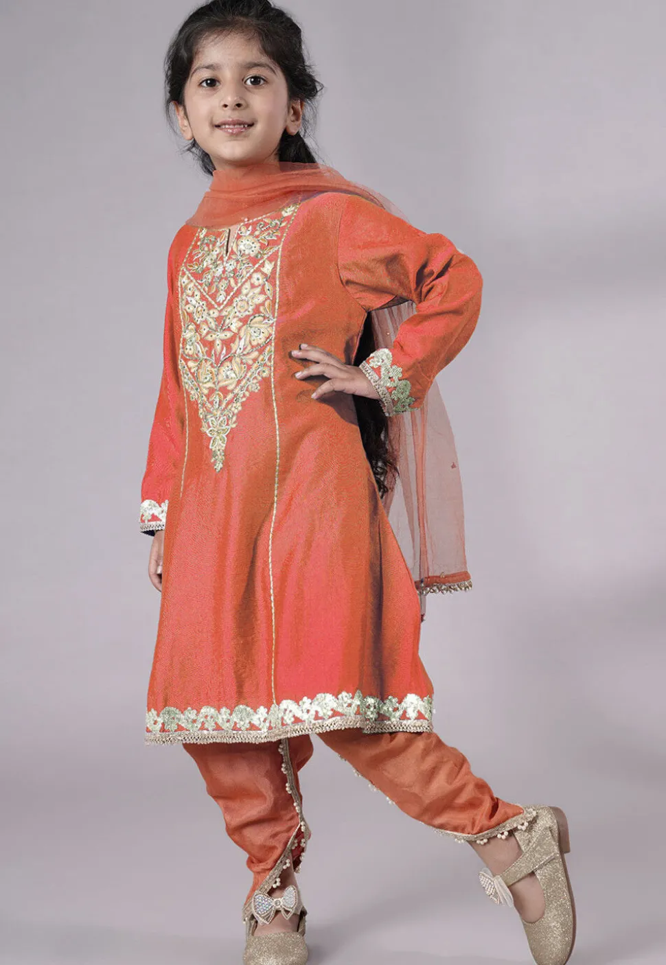 Embroidered Chanderi Silk Punjabi Suit in Peach