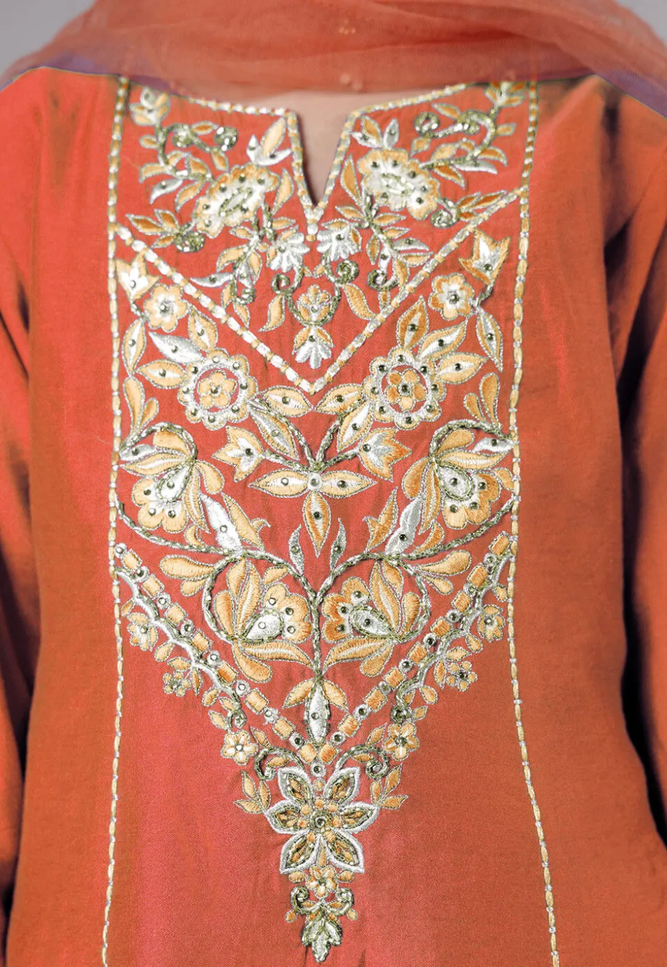 Embroidered Chanderi Silk Punjabi Suit in Peach