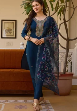 Embroidered Chanderi Silk Pakistani Suit in Teal Blue