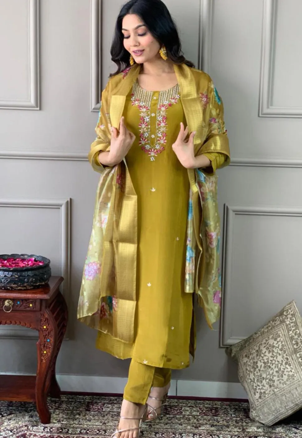 Embroidered Chanderi Silk Pakistani Suit in Olive Green