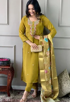 Embroidered Chanderi Silk Pakistani Suit in Olive Green