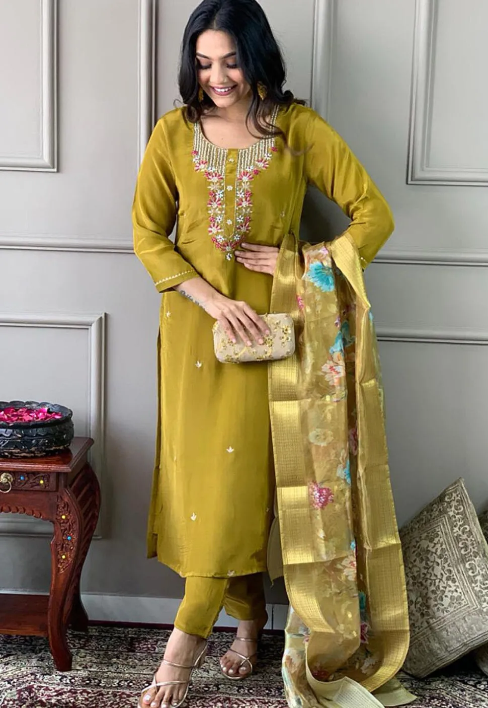 Embroidered Chanderi Silk Pakistani Suit in Olive Green