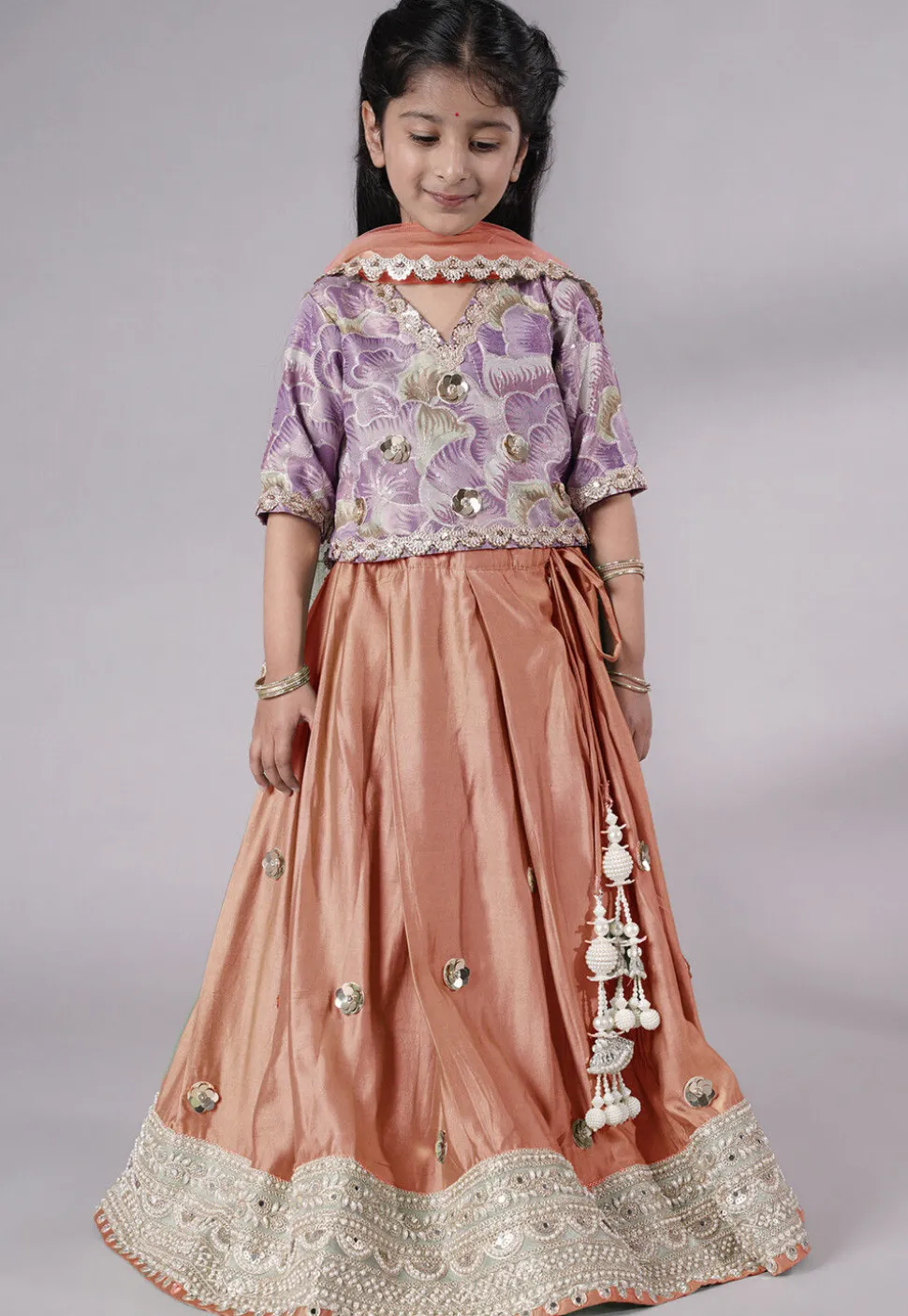Embroidered Chanderi Silk Lehenga in Peach