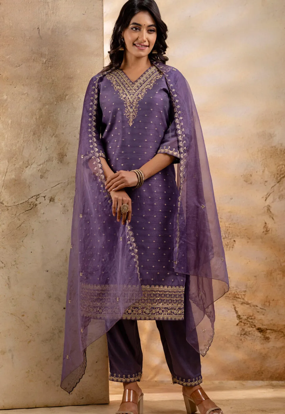 Embroidered Chanderi Silk Pakistani Suit in Purple