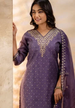 Embroidered Chanderi Silk Pakistani Suit in Purple
