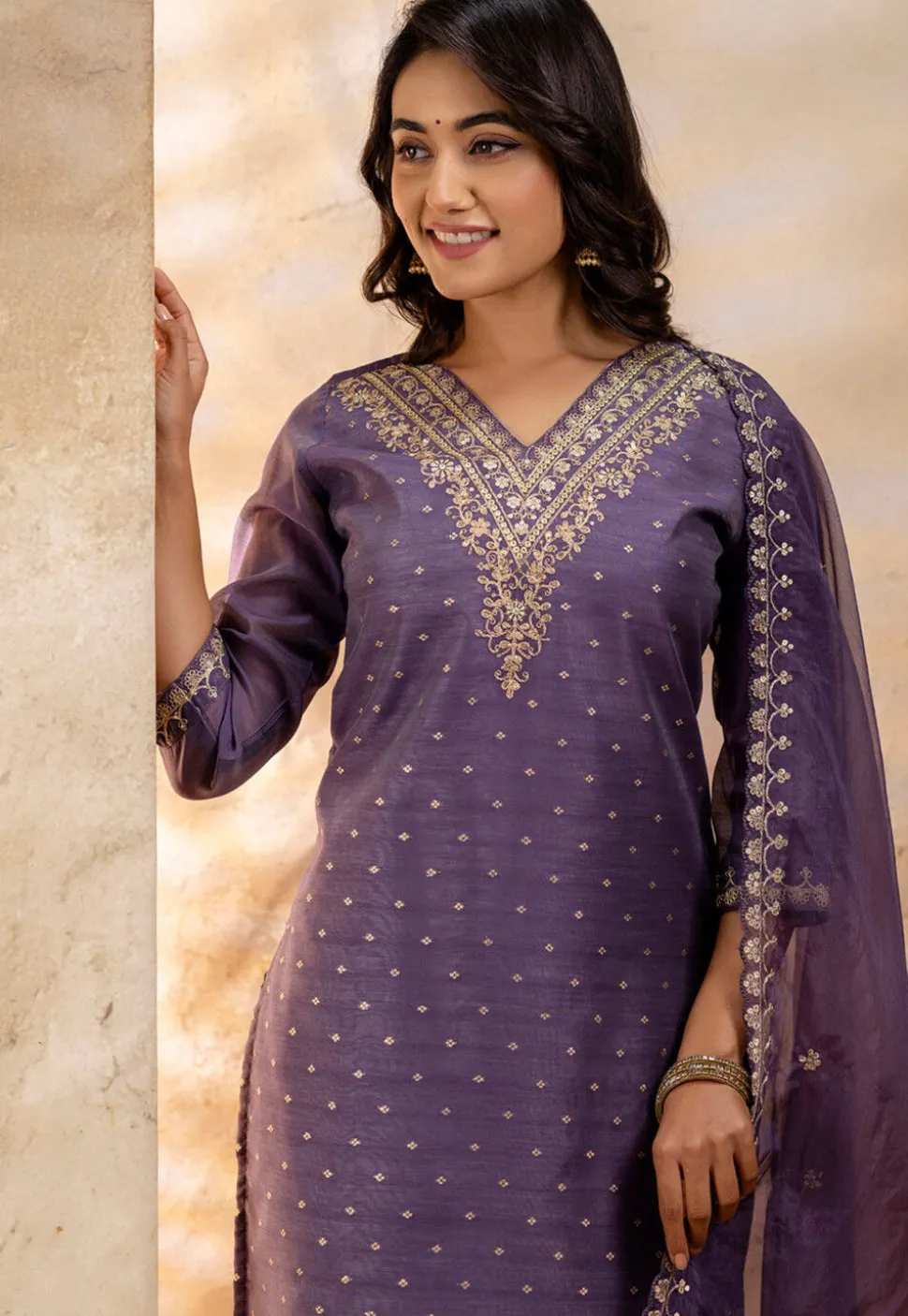 Embroidered Chanderi Silk Pakistani Suit in Purple