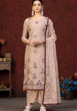 Embroidered Chanderi Silk Pakistani Suit in Beige