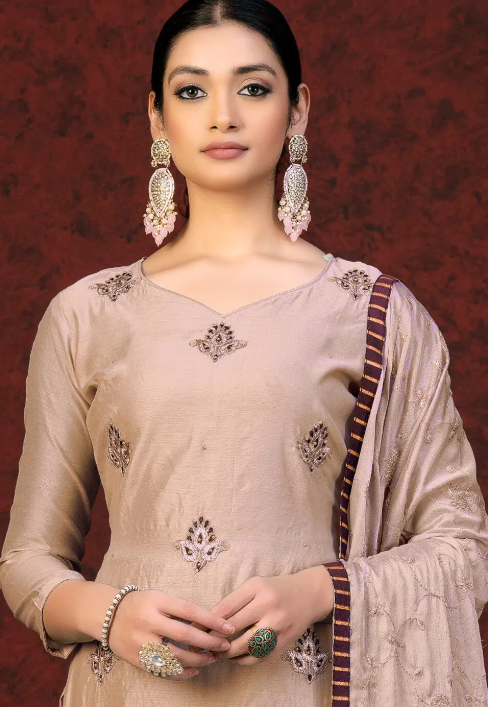Embroidered Chanderi Silk Pakistani Suit in Beige