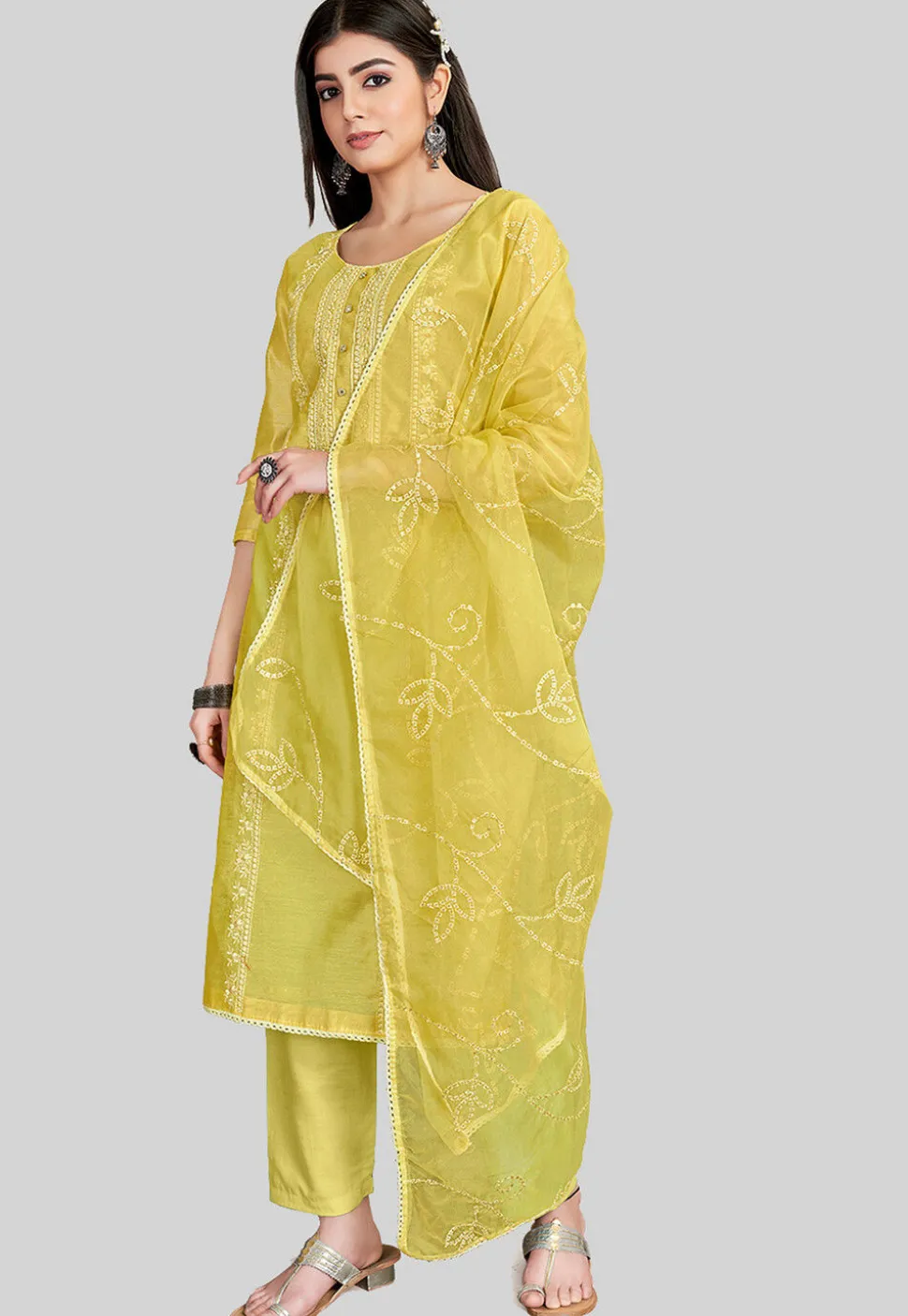 Embroidered Chanderi Silk Pakistani Suit in Yellow