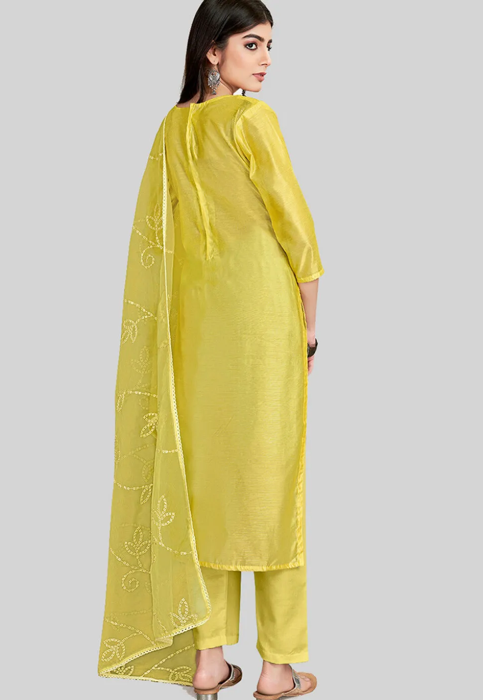 Embroidered Chanderi Silk Pakistani Suit in Yellow