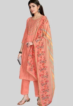 Embroidered Chanderi Silk Pakistani Suit in Peach