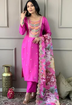 Embroidered Chanderi Silk Jacquard Pakistani Suit in Pink