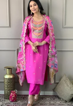 Embroidered Chanderi Silk Jacquard Pakistani Suit in Pink