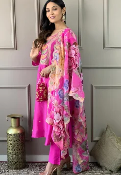 Embroidered Chanderi Silk Jacquard Pakistani Suit in Pink