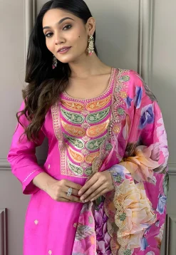 Embroidered Chanderi Silk Jacquard Pakistani Suit in Pink