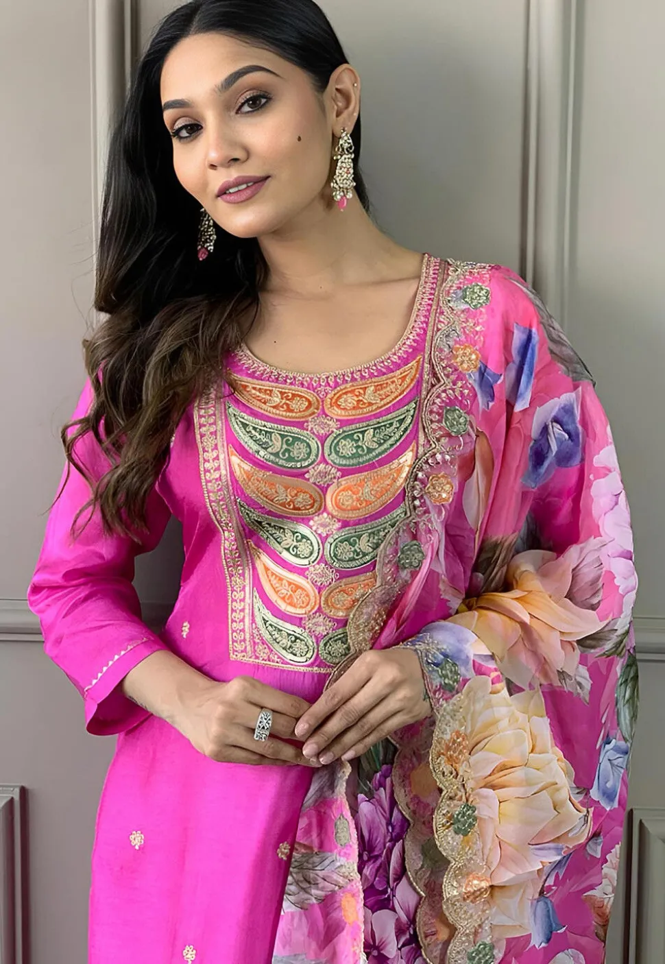 Embroidered Chanderi Silk Jacquard Pakistani Suit in Pink