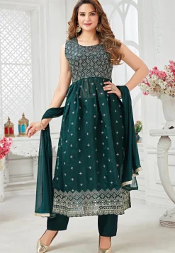 Embroidered Chanderi Silk Pakistani Suit in Teal Green