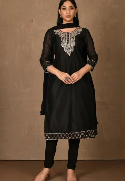 Embroidered Chanderi Straight Suit in Black