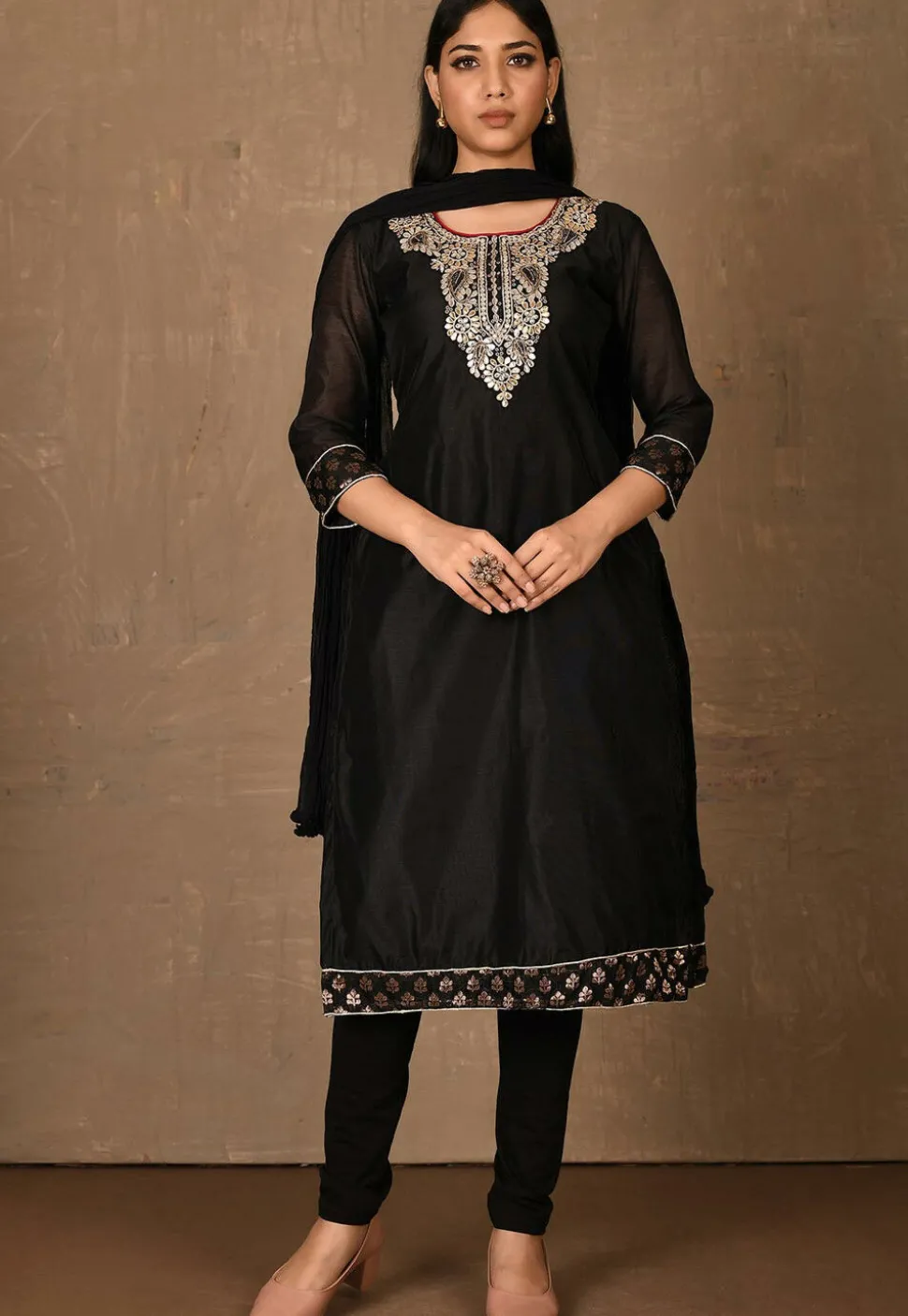 Embroidered Chanderi Straight Suit in Black