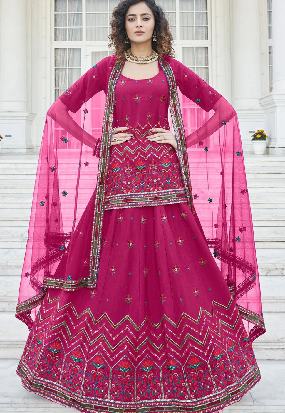 Embroidered Chiffon Lehenga in Magenta