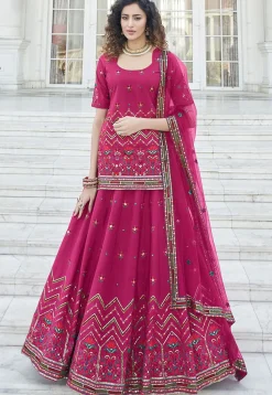 Embroidered Chiffon Lehenga in Magenta