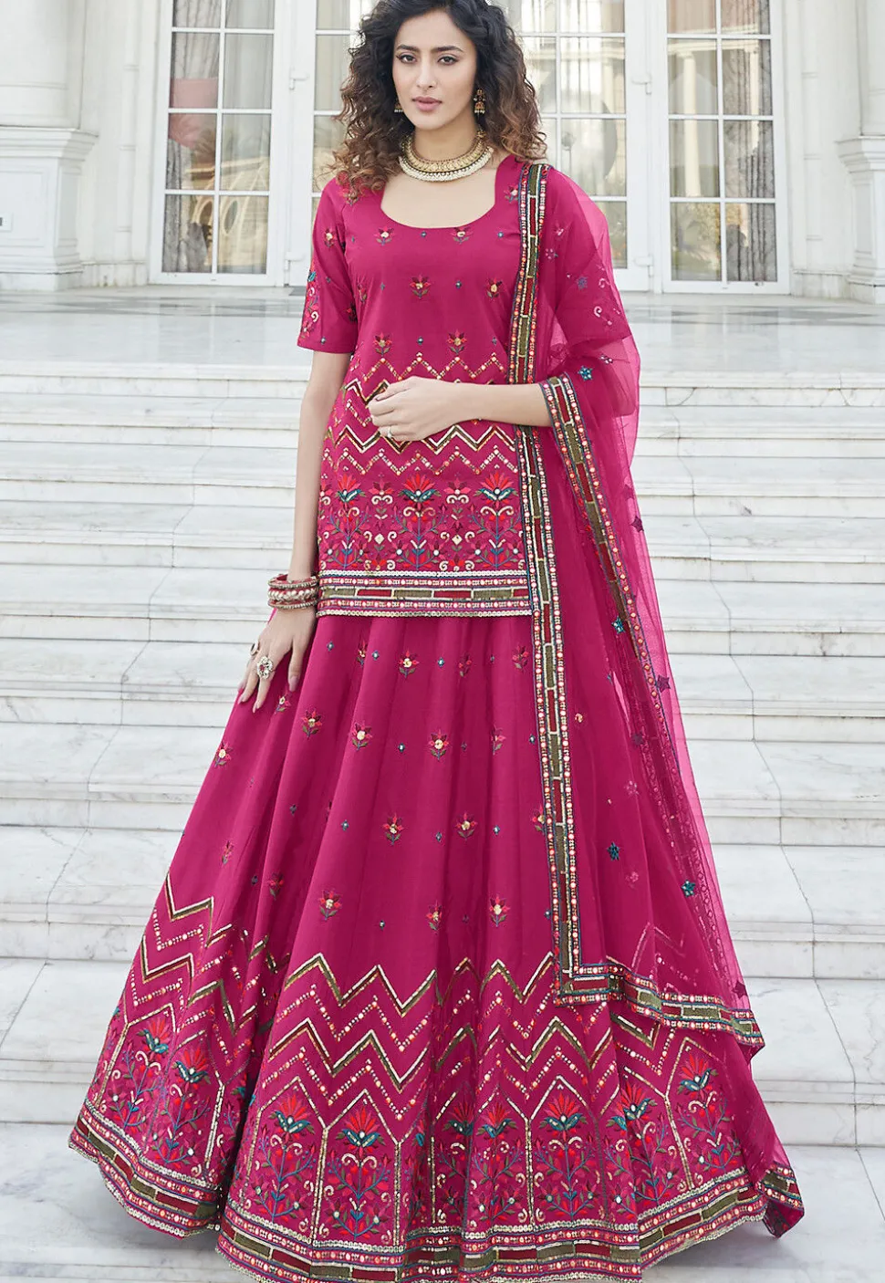 Embroidered Chiffon Lehenga in Magenta
