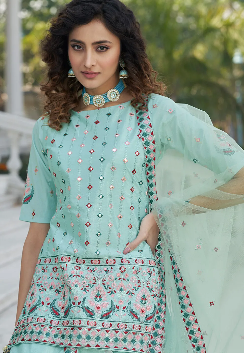 Embroidered Chiffon Lehenga in Sky Blue