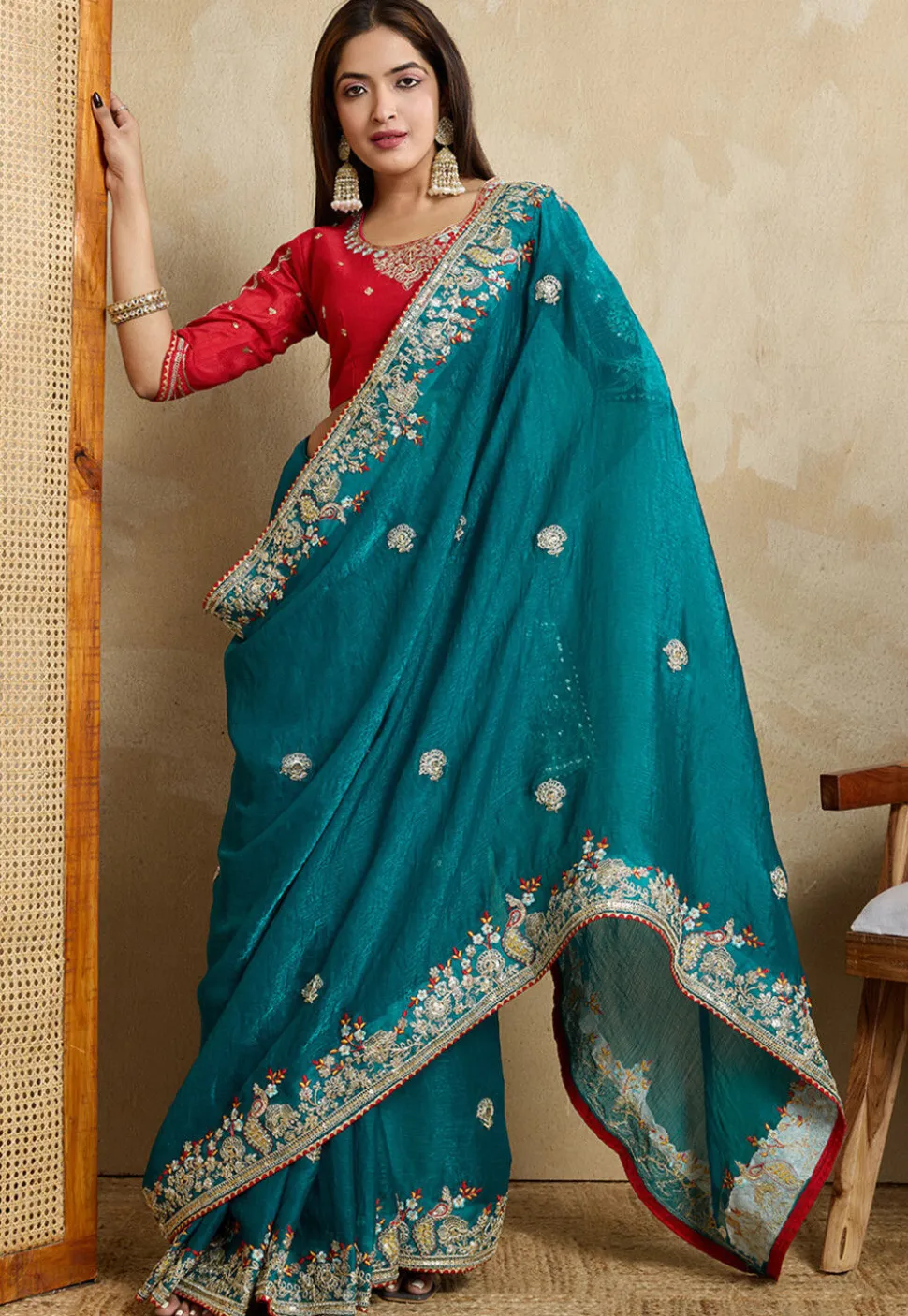 Embroidered Chiffon Saree in Teal Blue