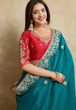 Embroidered Chiffon Saree in Teal Blue