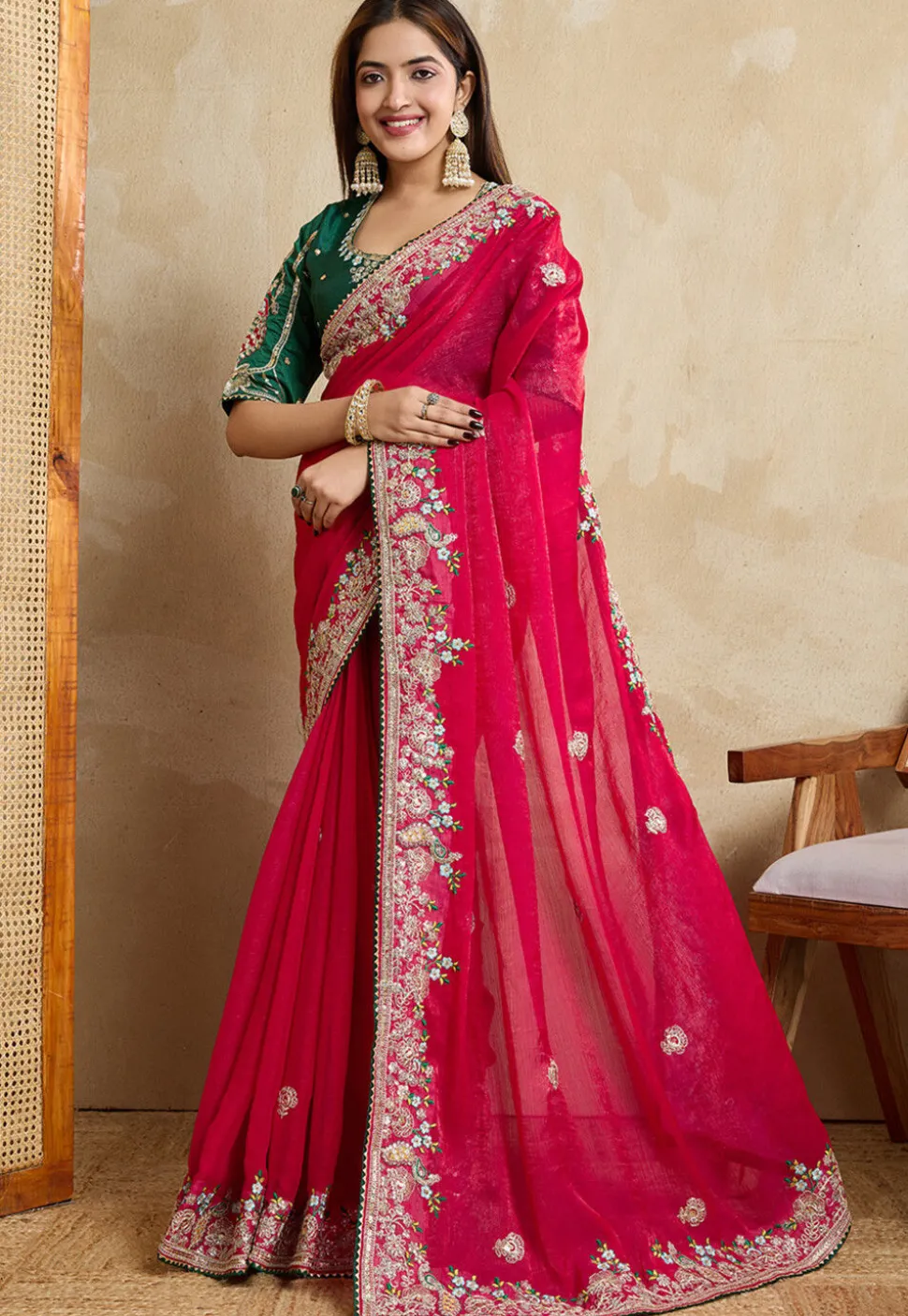 Embroidered Chiffon Saree in Fuchsia