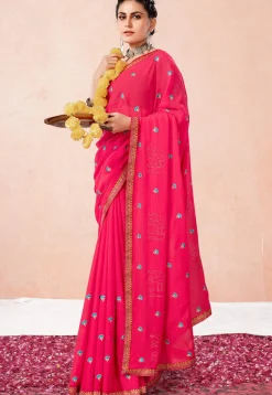 Embroidered Chiffon Saree in Pink