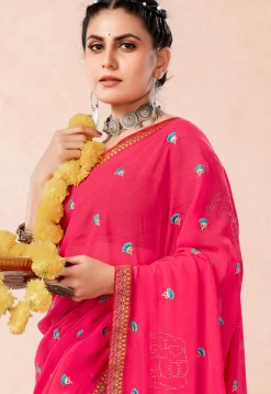 Embroidered Chiffon Saree in Pink