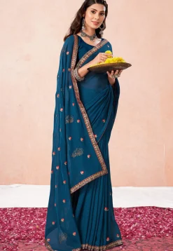 Embroidered Chiffon Saree in Blue