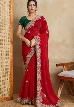 Embroidered Chiffon Saree in Red