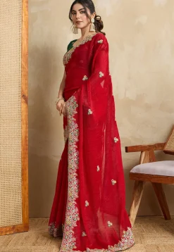 Embroidered Chiffon Saree in Red